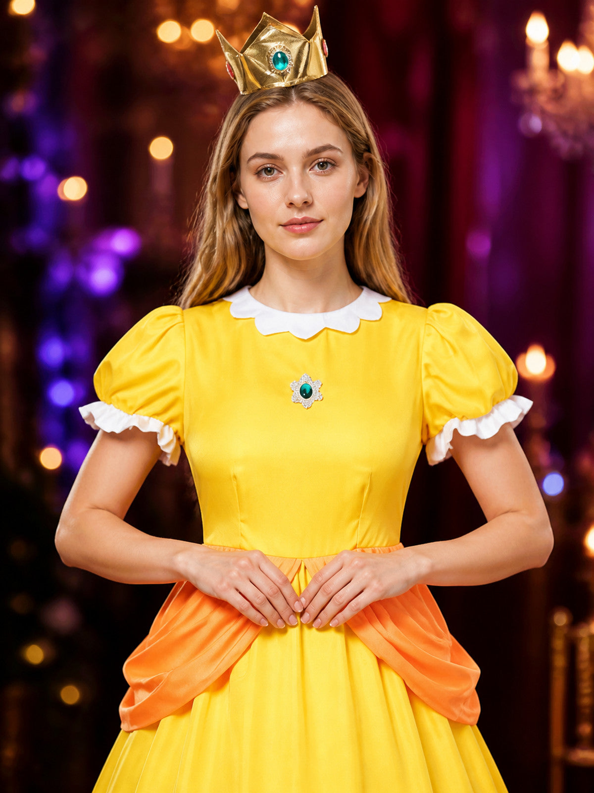Yellow Princess A-Line Cosplay Costume Dress, Puff Sleeves, Orange Ruffles
