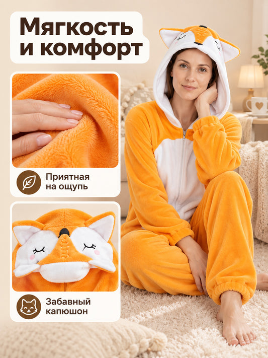 Orange Hooded Pajama Jumpsuit with Fox Appliqué