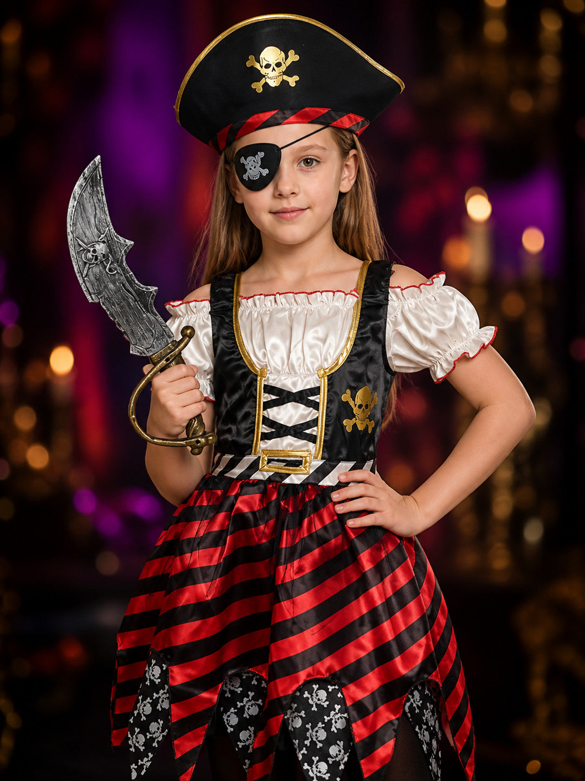 Kids Pirate Costume Dress Set with Hat, Eyepatch & Toy Sword for Halloween Role on-model view