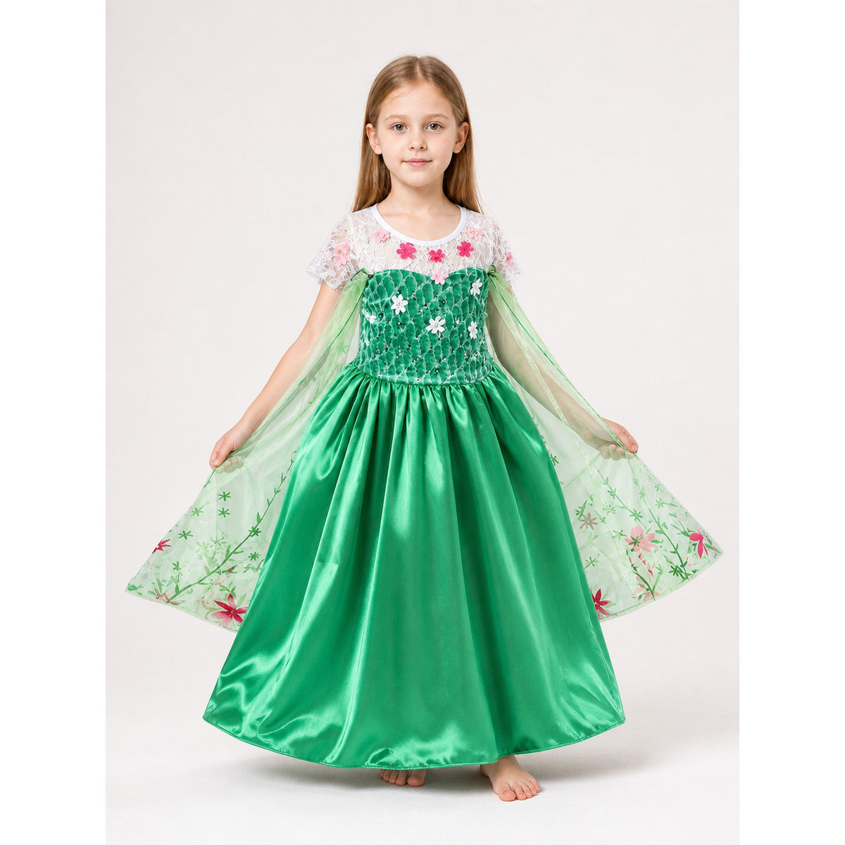 Green Princess Costume Dress with Flowers for Halloween