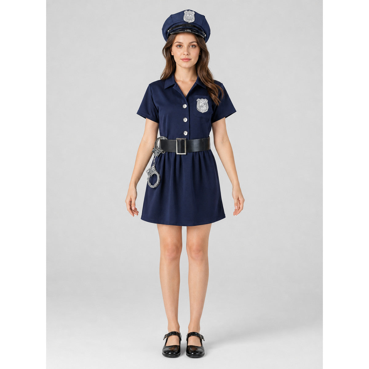 Police Costume with Peaked Cap and Belt for Performances front view
