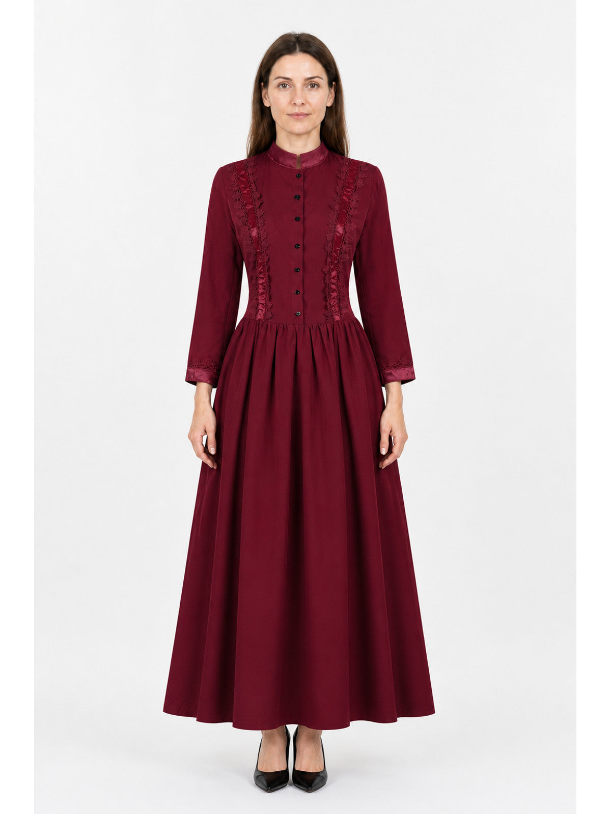 Gothic Lace Dress with High Collar, Burgundy main product view