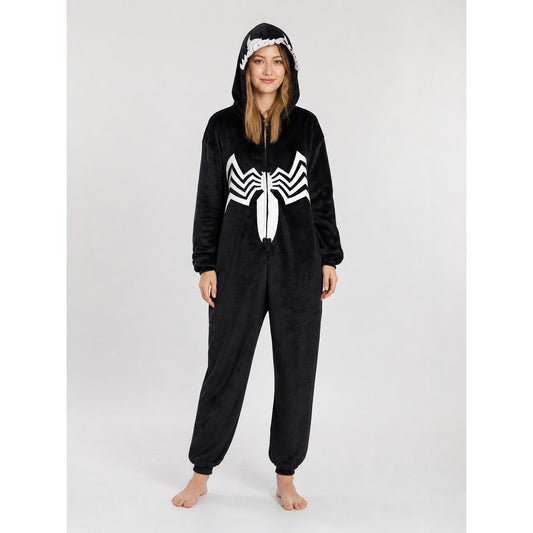 Hooded jumpsuit with zipper and spider print