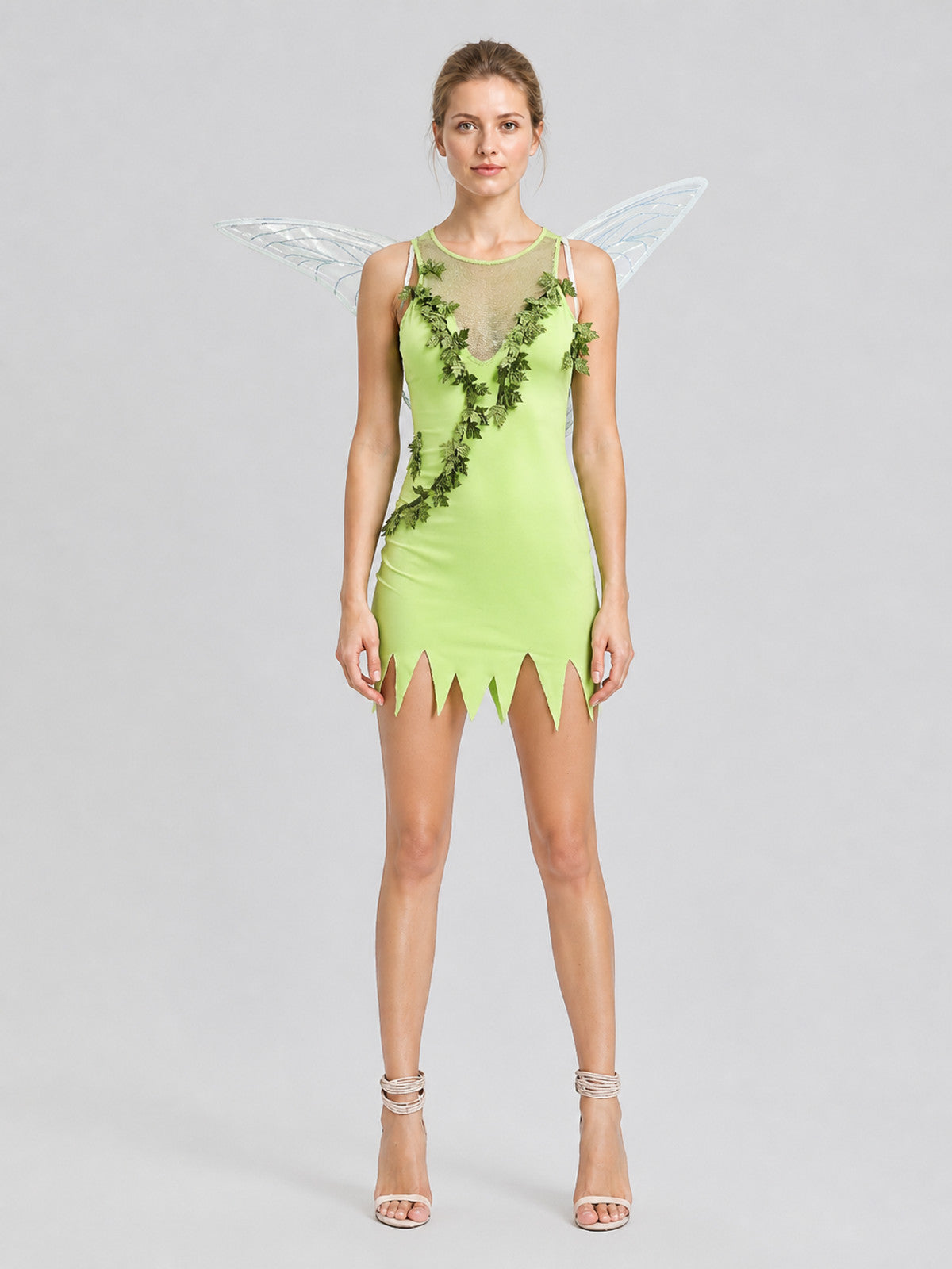 Green Fairy Costume with Wings for Halloween, Size M-XL on-model view