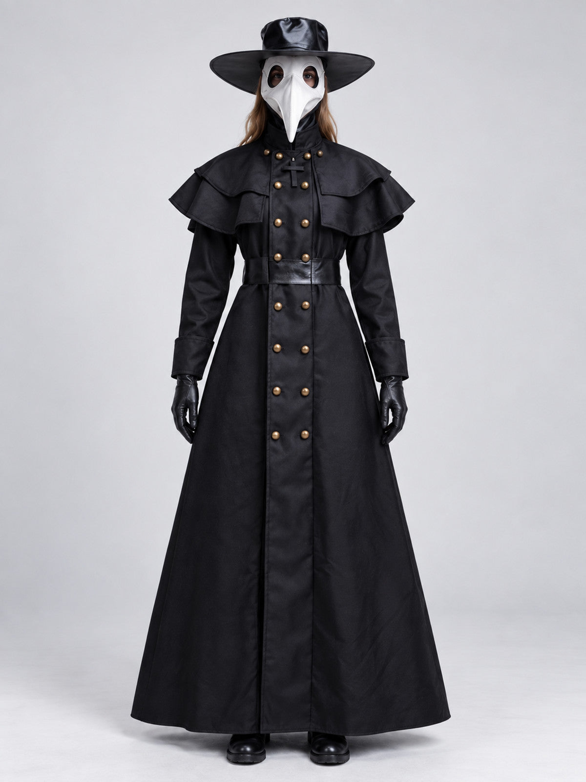 Black Plague Doctor Costume with Mask and Hat for Cosplay