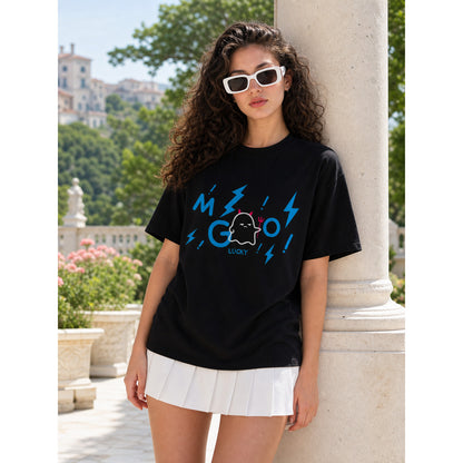 Women’s black printed T-shirt, loose fit, summer on-model view