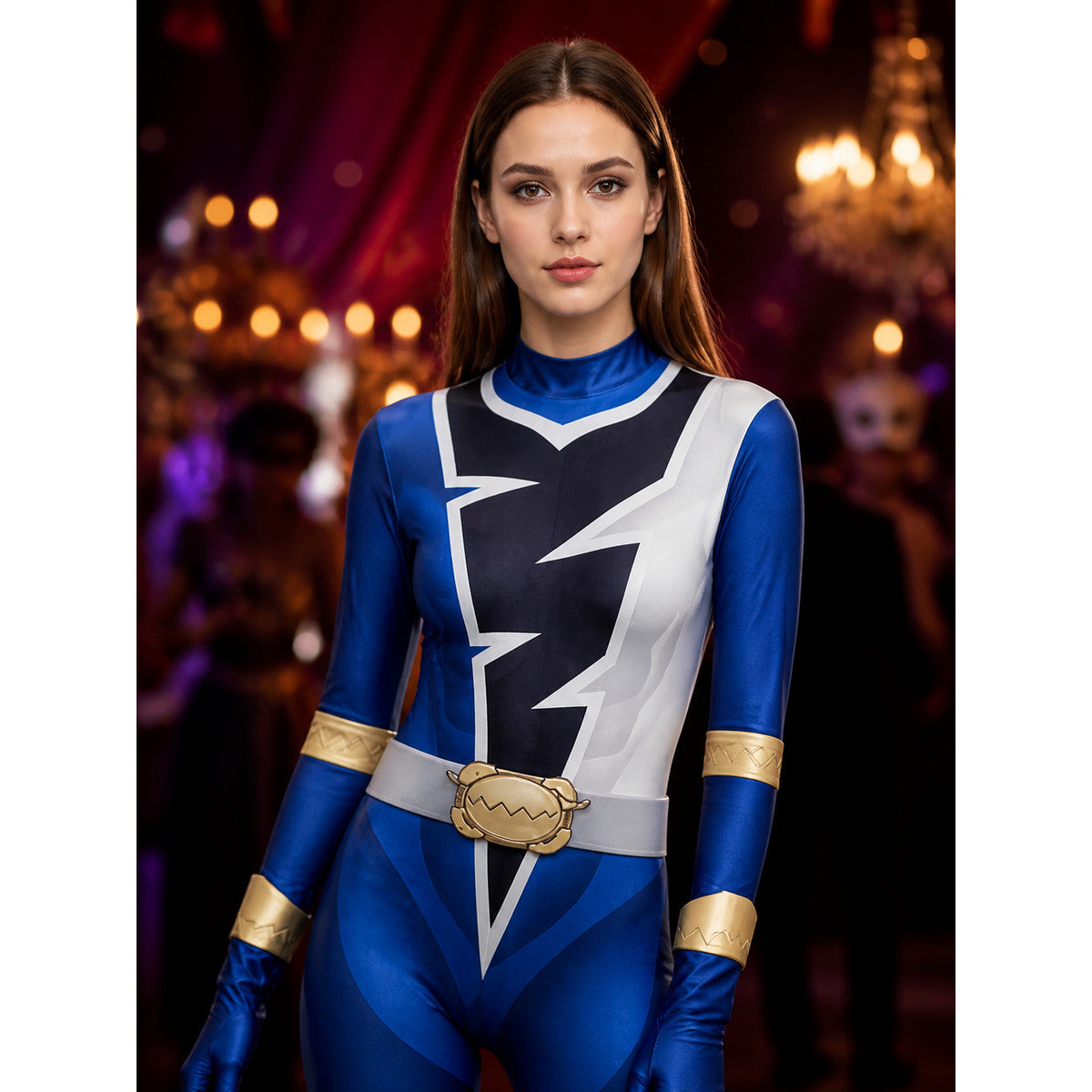 Blue Dragon Ranger Full Body Costume with Lightning Print, Hooded Jumpsuit on-model view