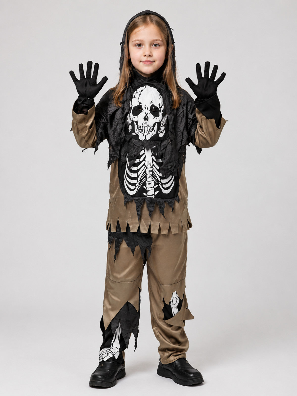Hooded costume with a skeleton print and torn panels on-model view