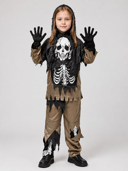 Hooded costume with a skeleton print and torn panels on-model view