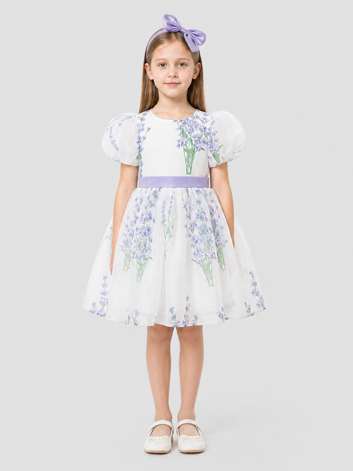 Girls’ Princess Dress with Puff Sleeves and a Bow on-model view