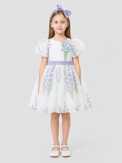 Girls’ Princess Dress with Puff Sleeves and a Bow on-model view