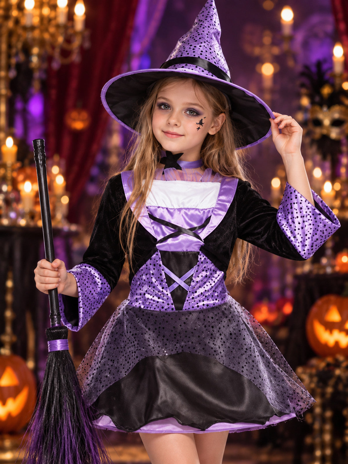 Kids' Witch Halloween Costume with Hat and Dress