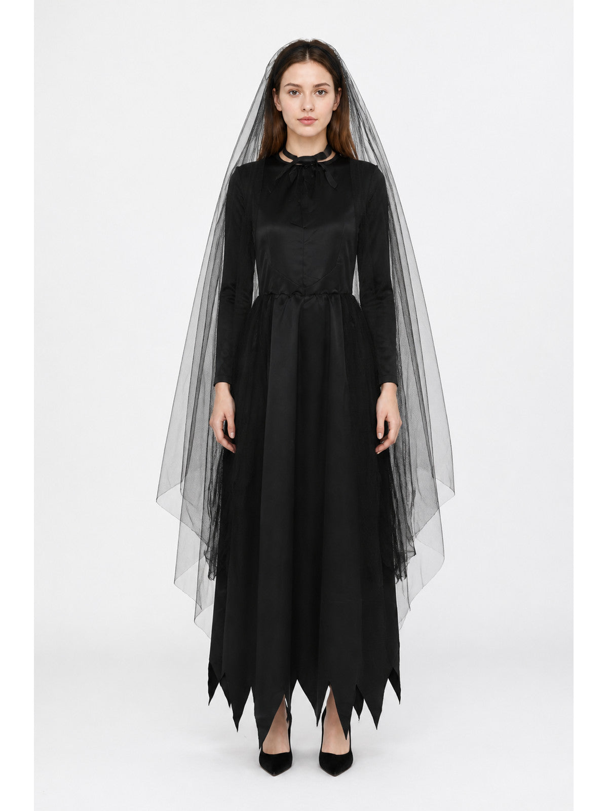Black Gothic Long Dress with Veil main product view