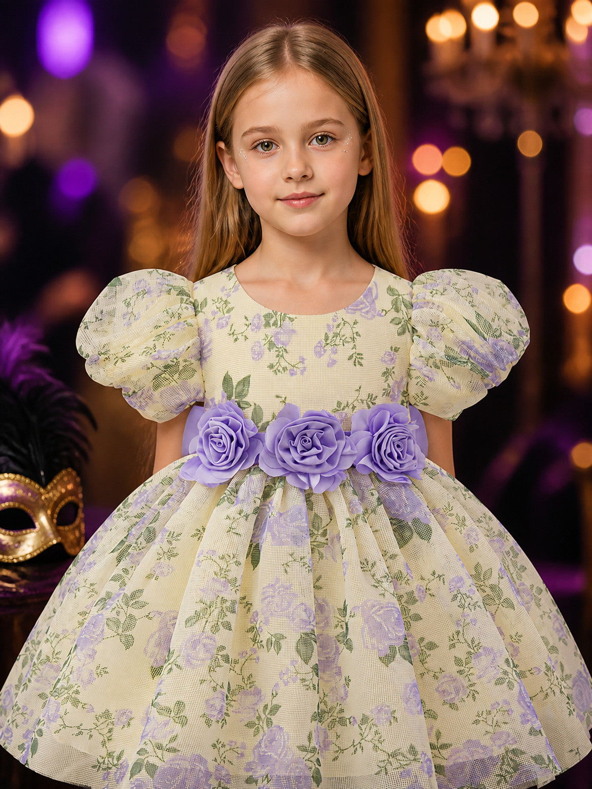 Girls' Floral Princess Dress With Puff Sleeves and 3D Flowers on-model view