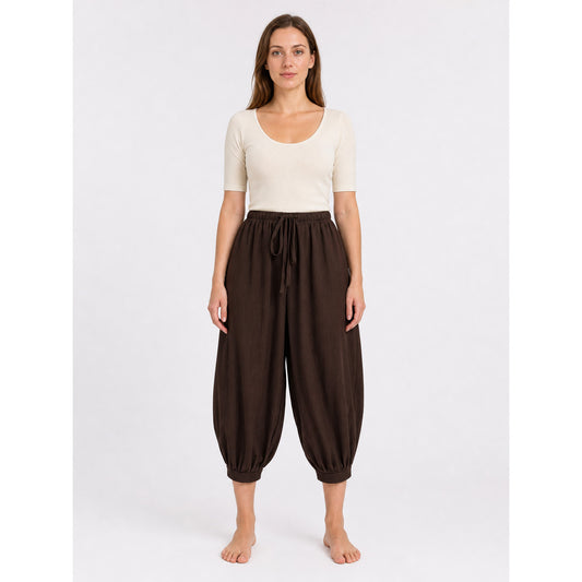 Brown Cotton-Linen Aladdin Pants
