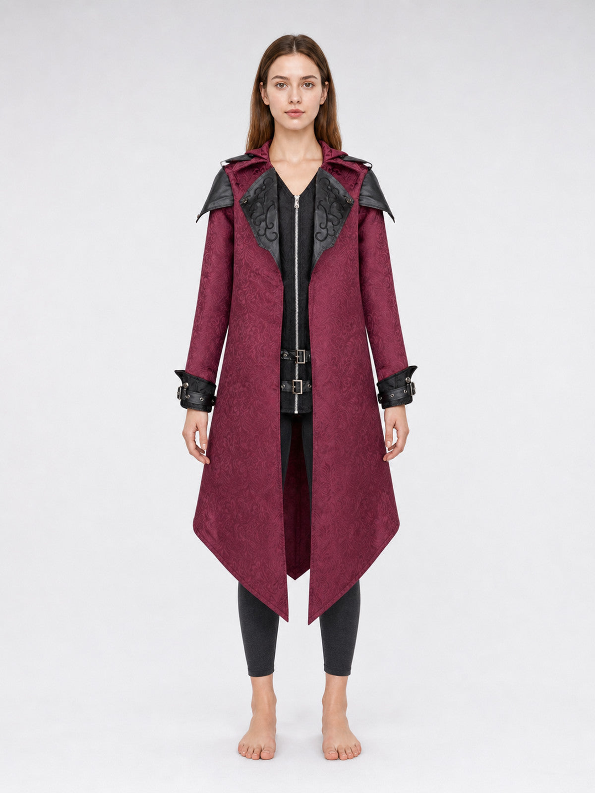 Gothic Hooded Coat with Black Buckles on-model view
