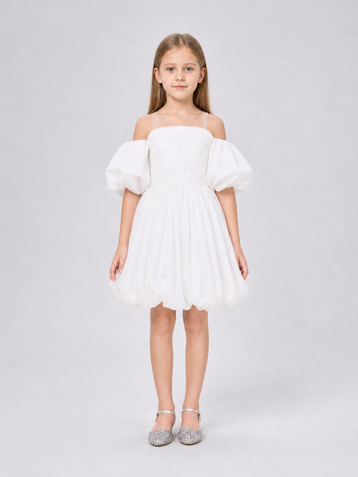 Children's Dress with a Full Skirt and Floral Decor on-model view
