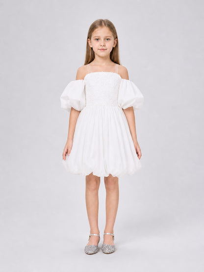 Children's Dress with a Full Skirt and Floral Decor on-model view