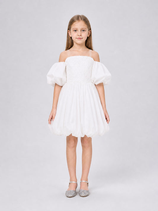 Children's Dress with a Full Skirt and Floral Decor on-model view