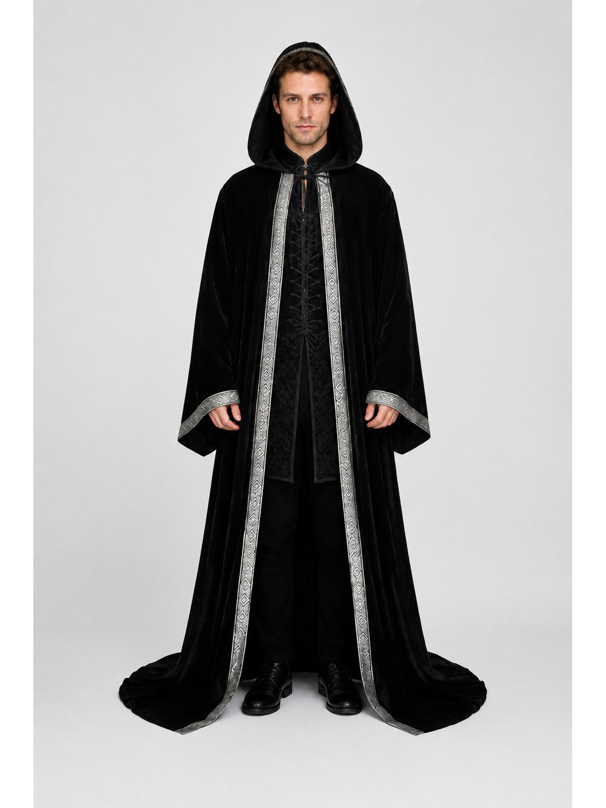 Black hooded cloak for Halloween, silver trim main product view