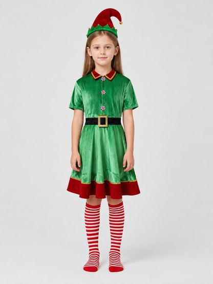 Christmas Elf Costume: Dress, Hat, Belt, Knee-High Socks on-model view