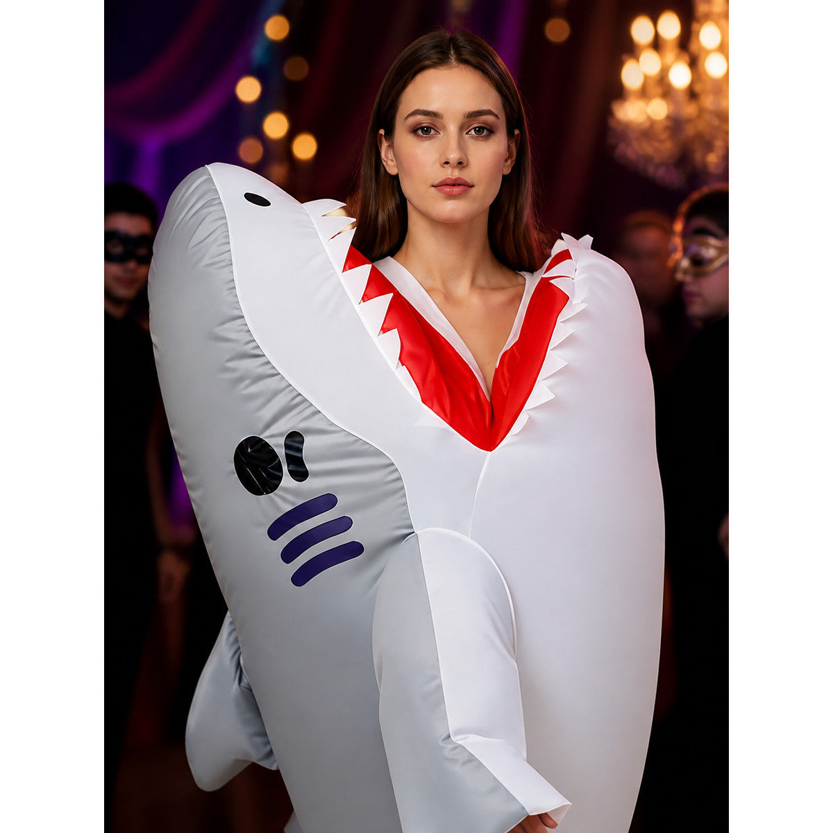 Gray Shark Inflatable Bodysuit Costume With Open Mouth For Halloween on-model view