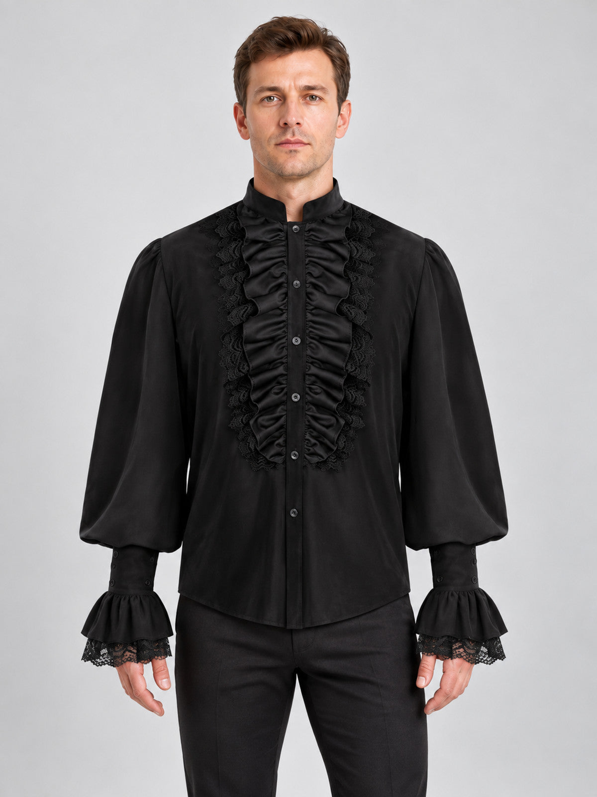 Black Renaissance-Style Shirt with Jabot and Lace