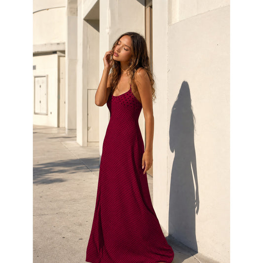 Burgundy Long Polka-Dot Dress with Thin Straps