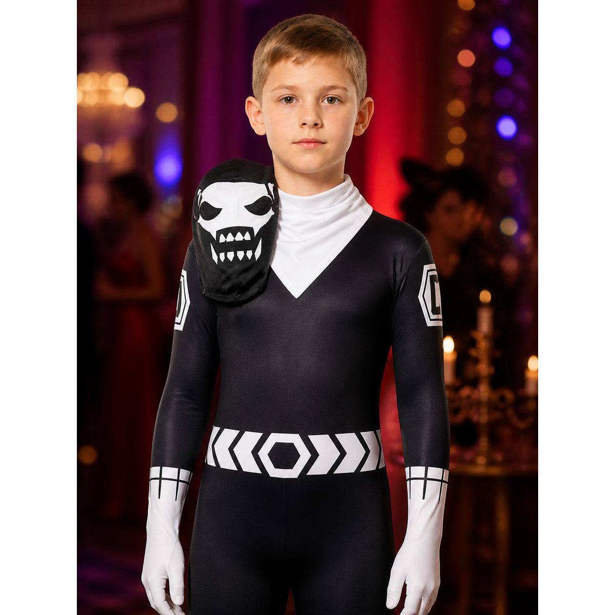 Black and White Skeleton Bodysuit Costume with Skull Face Print, Halloween on-model view