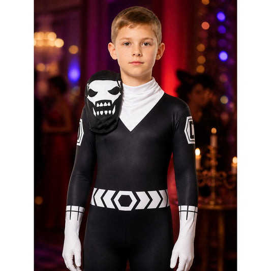 Black and White Skeleton Bodysuit Costume with Skull Face Print, Halloween on-model view