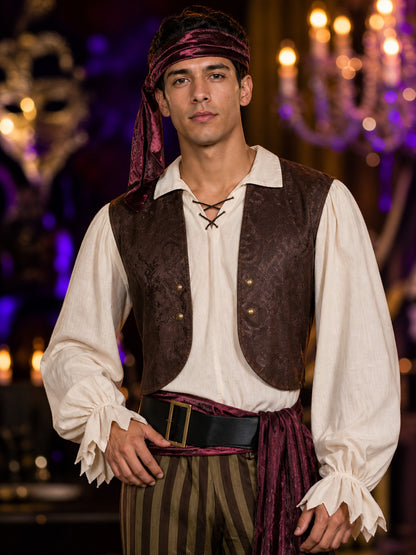 Adult Pirate Costume Set with Vest, Shirt, Striped Pants, Headscarf and Belt on-model view