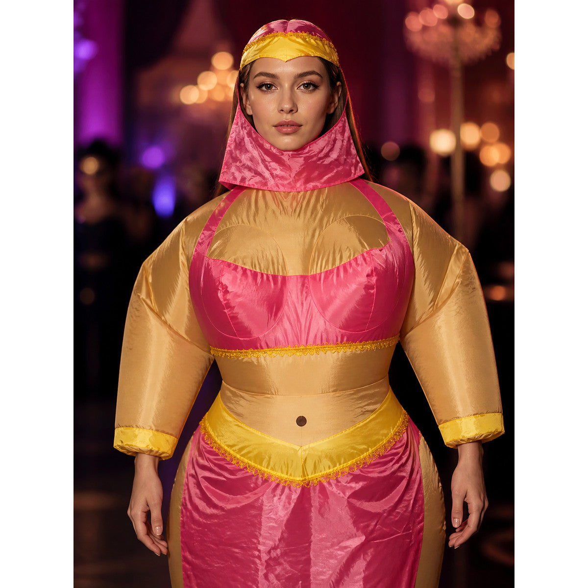 Adult's Cartoon Mouse Inflatable Costume, Pink Gold Beige Party Outfit on-model view