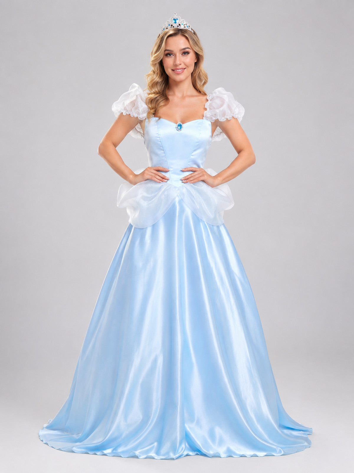 Costume Dress with Train and Blue Brooch on-model view