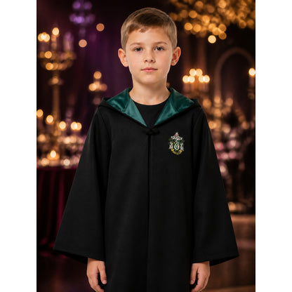 Kids' Slytherin-Themed Hooded Wizard Robe Costume, Black And Green Long-Sleeve on-model view