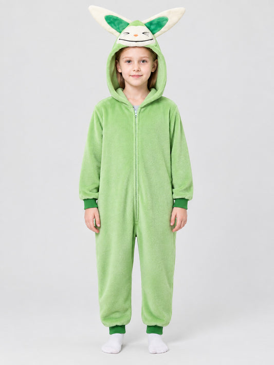 Kids' Bunny Ear Hooded Pajama Jumpsuit with Appliqué