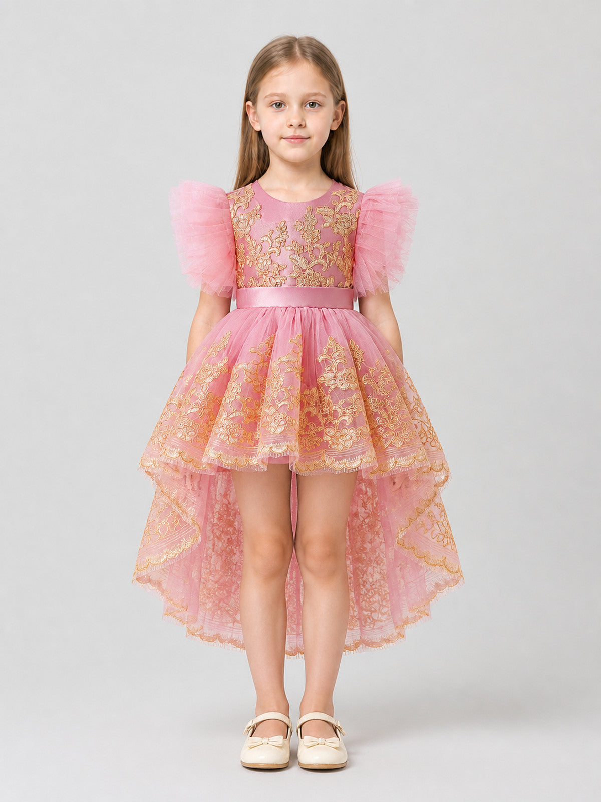 Princess Flower Girl Dress with Wings and Embroidery on-model view