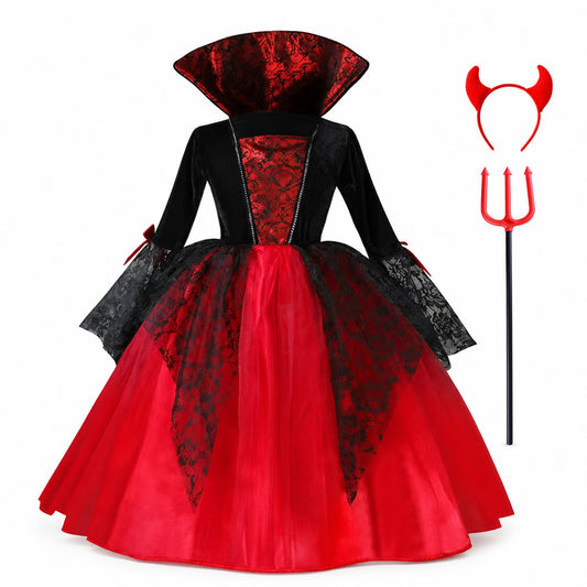 2025 Girls Cosplay Vampire Halloween Dress For Kids Ghost Bride Gothic Costume Count Vampiran Carnival Outfit Black Red Clothes - Color:3Pcs Set