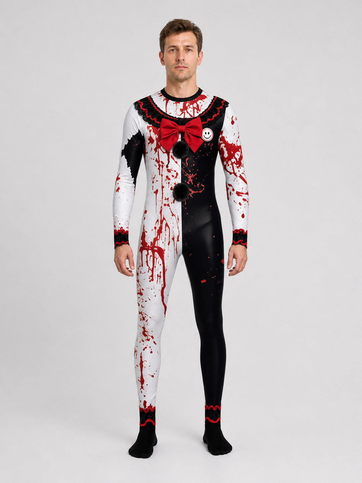 Clown Costume with Blood Splashes and Red Bow Tie on-model view