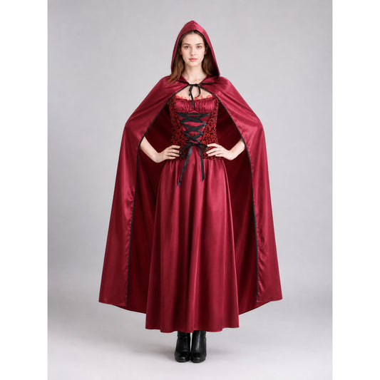 Model wearing the Little Red Riding Hood costume: burgundy satin dress with black lace-up bodice and long hooded cape, front view