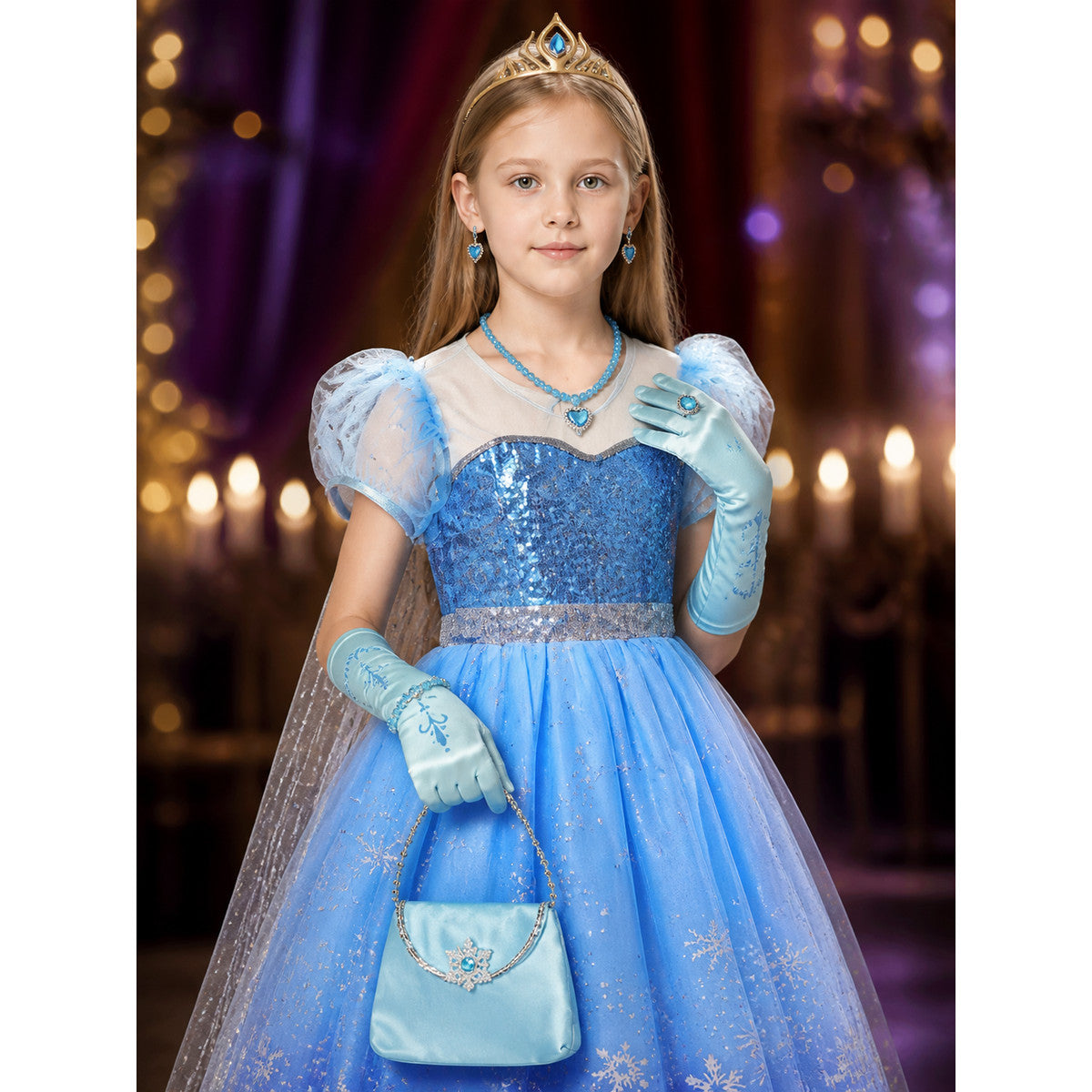 Kids Snow Queen Princess Halloween Costume Set with Sequined Blue Gown on-model view