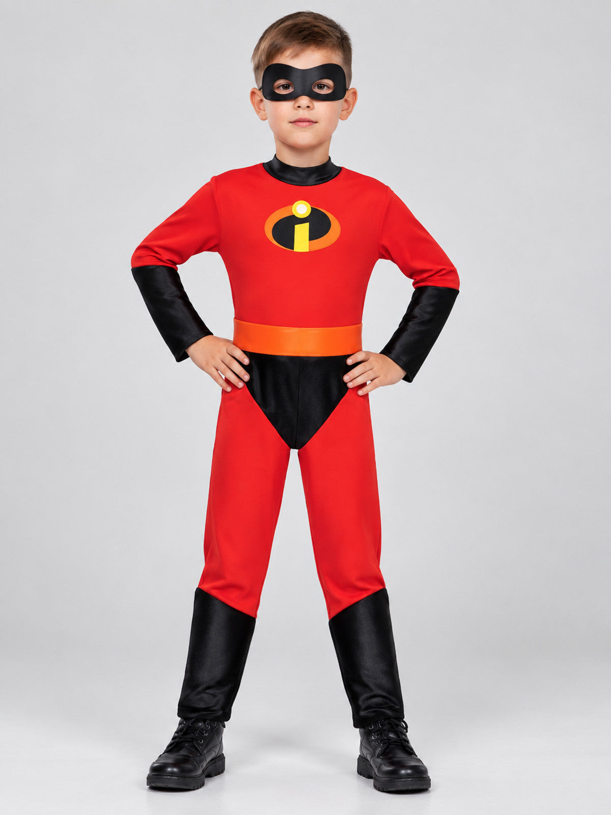 Kids' superhero costume with red jumpsuit and mask