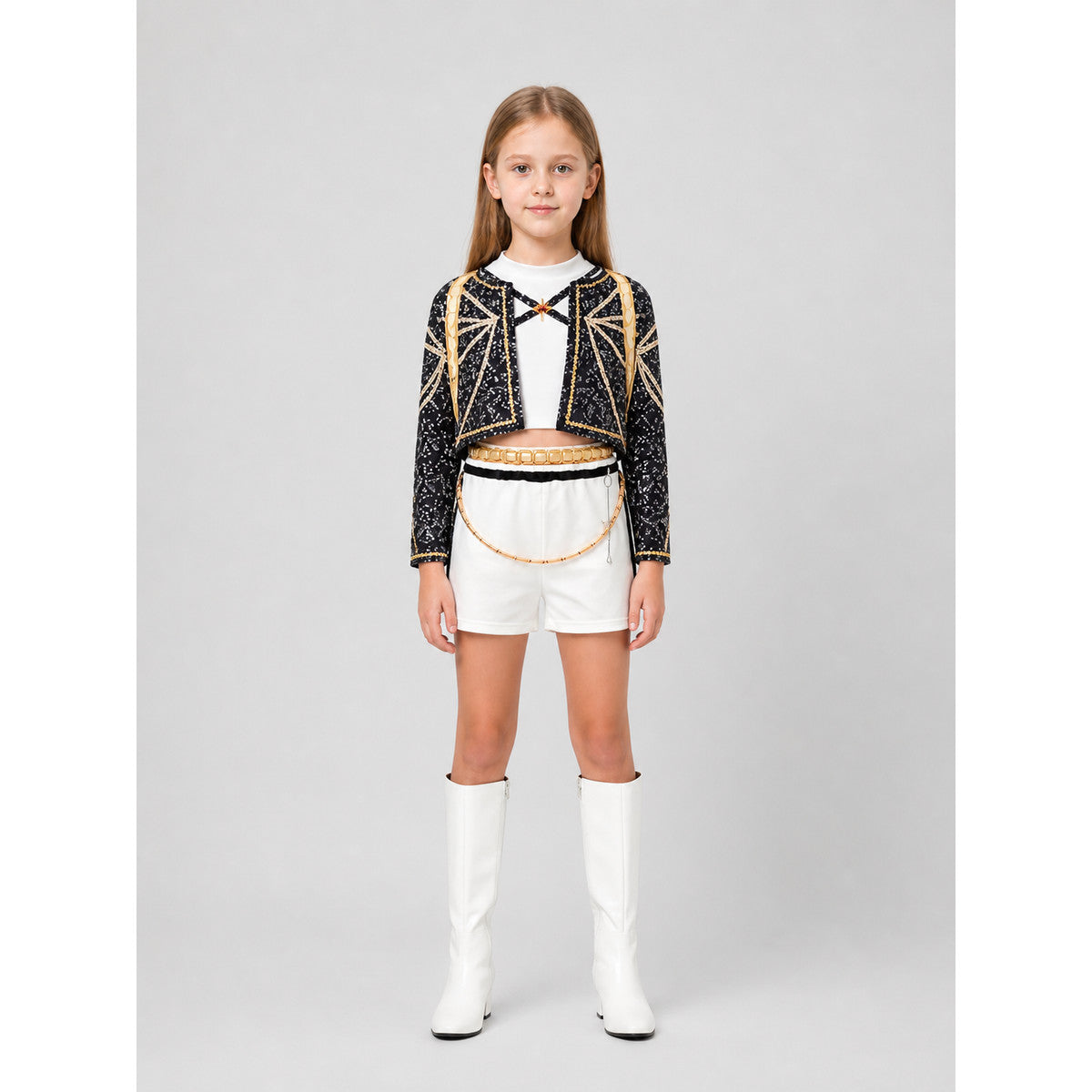 Children’s Sequined Costume: Top, Jacket, and Shorts on-model view