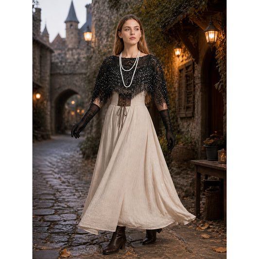 Black Fringe Lace Shawl Cape Set with Layered Necklace & Mesh Gloves for Women