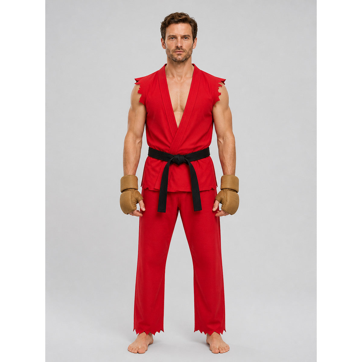 Street Fighter Cosplay Costume: Sleeveless Top, Pants, Belt on-model view