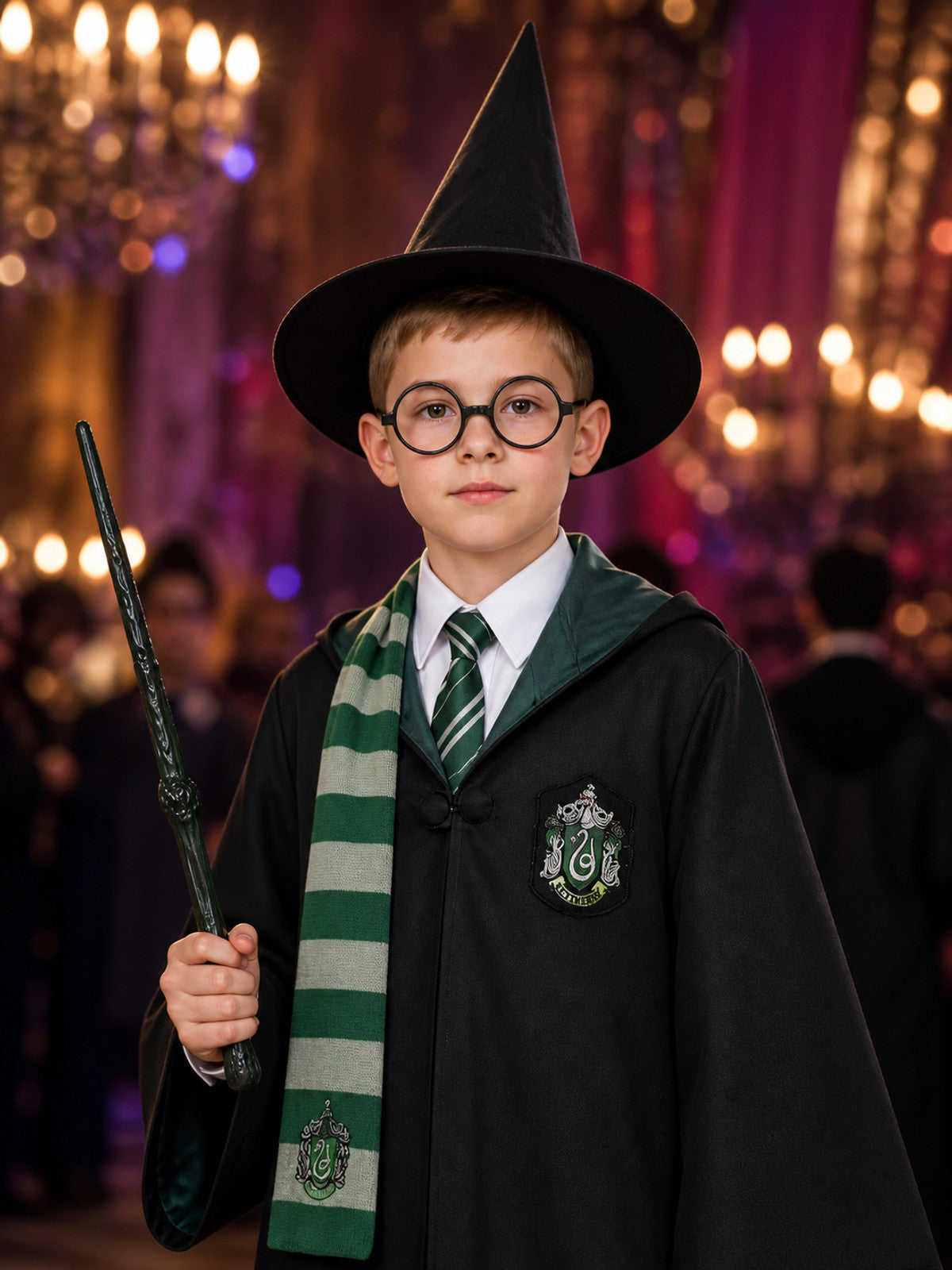 Harry Potter Slytherin Robe with Cosplay Accessories on-model view