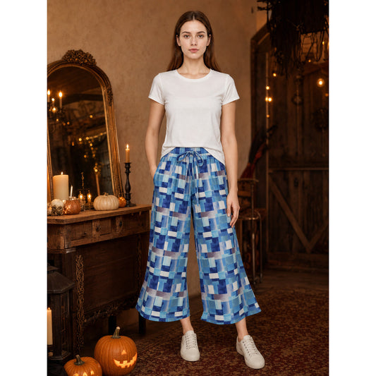 Blue and White Palazzo Pants with Geometric Print