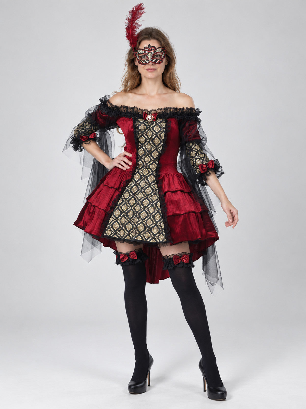 Carnival Costume with Feather Mask and Red Bows