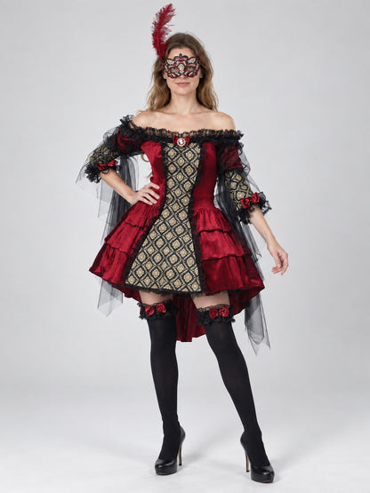 Carnival Costume with Feather Mask and Red Bows