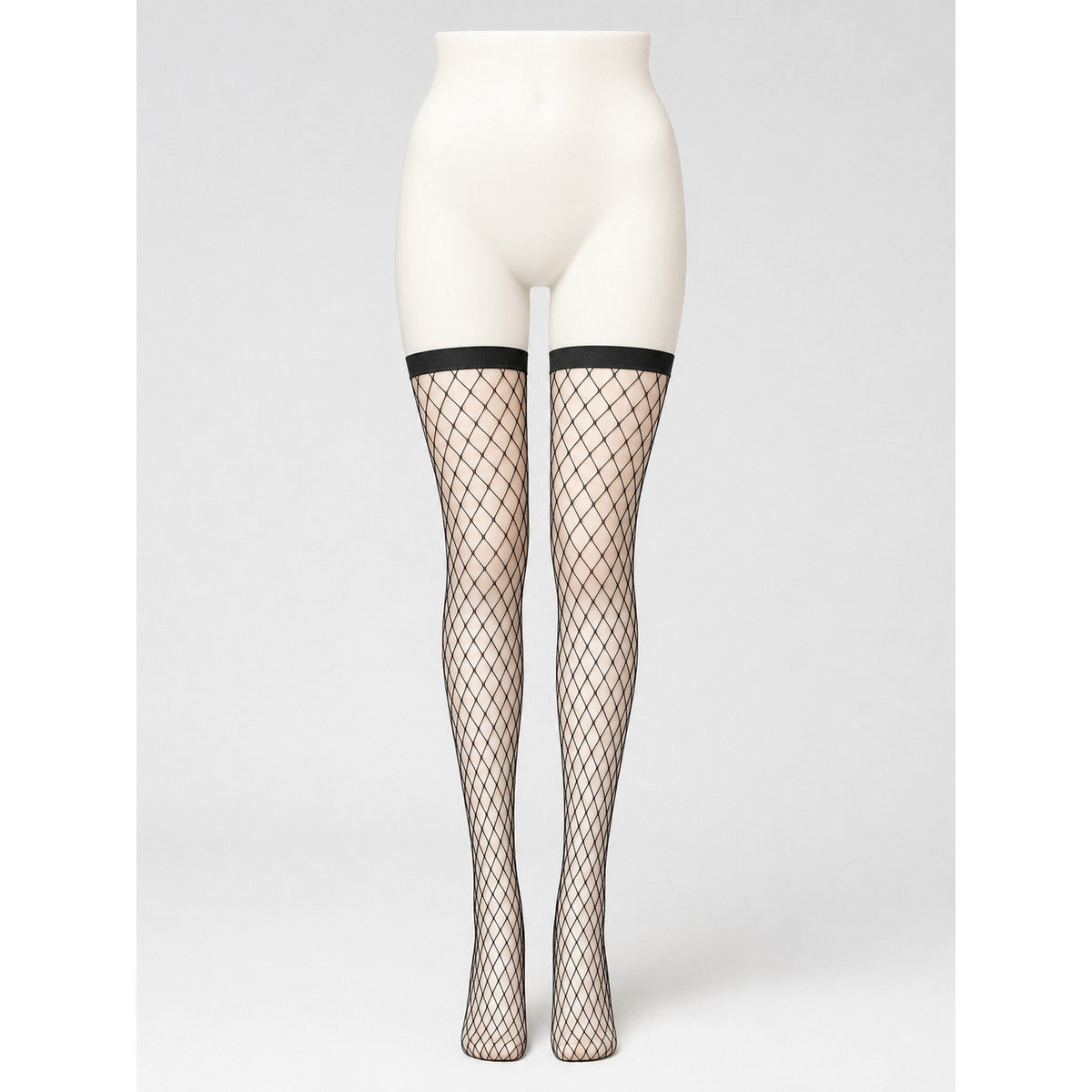 Black Thigh-High Stockings with a Wide Band and Diamond Mesh