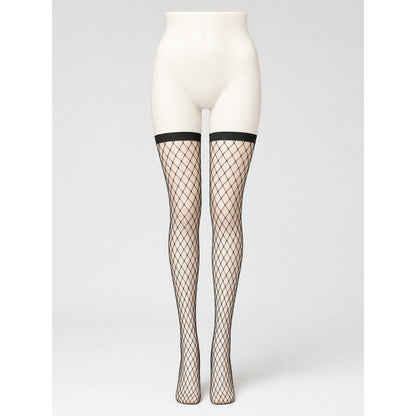 Black Thigh-High Stockings with a Wide Band and Diamond Mesh